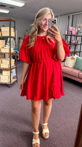 Draw String Waist Dress- Red