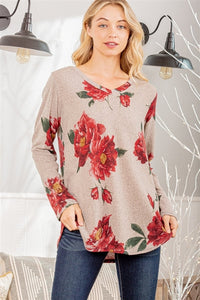 Fall Floral LS V-Neck -Mocha