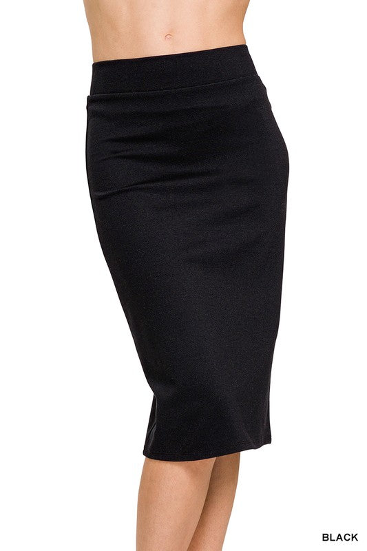 Ponte Knit Knee Length Skirt- Black