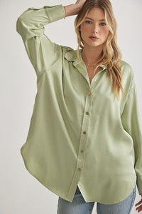 Satin Button Up Blouse - Sage