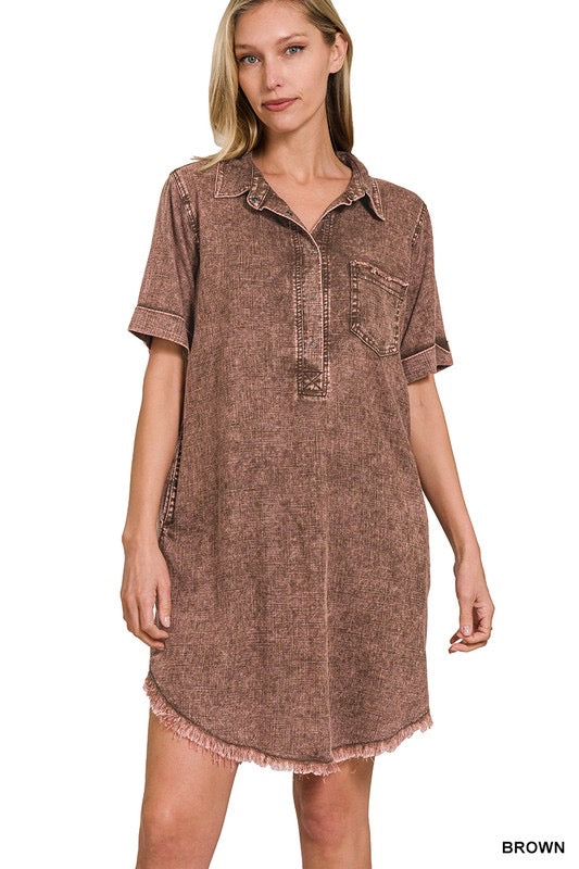 Washed Linen Raw Hem Dress -Brown