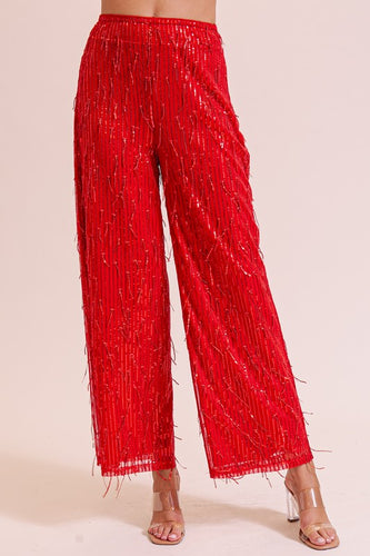 Sequin Fringe Wide Leg Pant- Red