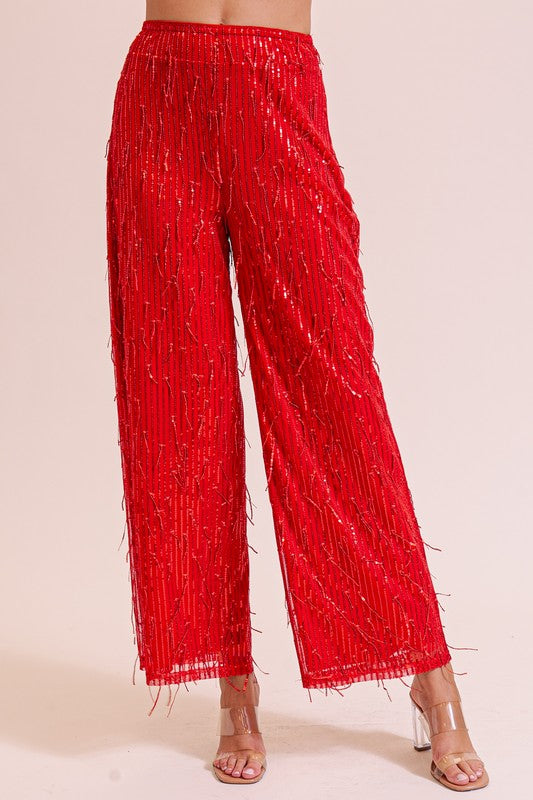 Sequin Fringe Wide Leg Pant- Red