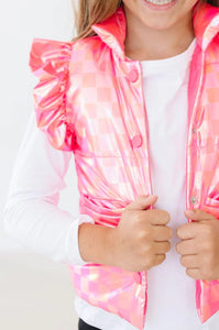 Neon Pink Checkered Puffer Vest