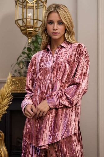 Crinkled Velvet Button Up- Pink