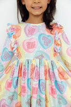 Load image into Gallery viewer, Girls Conversation Hearts LS Ruffle Dress Pocket Twirl Dress