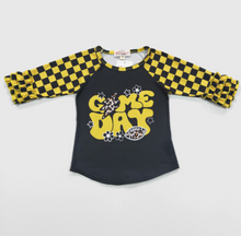 Load image into Gallery viewer, Girls Black and Yellow Checkered Gameday Raglan