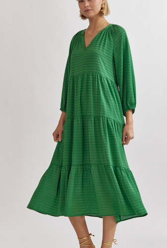 Checked Tiered Midi Dress- Kelly Green