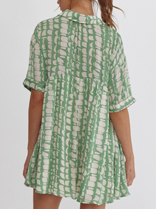 Collared Printed Mini Dress- Green