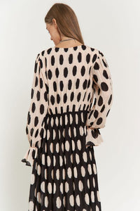 Polka Dot Ruffled Long Sleeve Pleated Maxi Dress