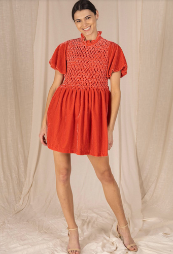 Lux Cali Girl Velvet Smocking Dress- Mandarin Red