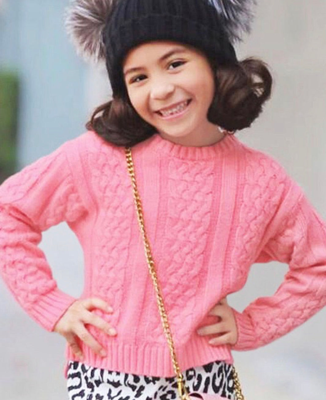 Girls Cable Knit Sweater -Pink Rose