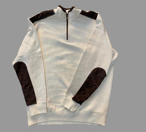 Mens Lux 1/4 Pullover with Suede Patches -Off White
